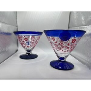 Kosta Boda 2 Royal Caribbean Margarita Martini Blue Cobalt Glass‎ Swirls Dots